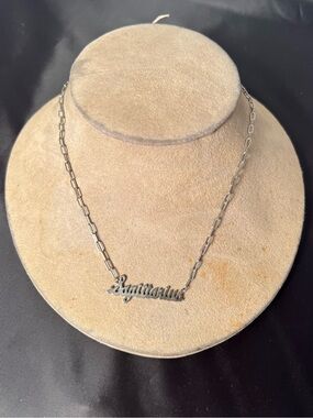 Anthropologie Serafina ‘Sagittarius’ Silver-Tone Name Plate Necklace 8.5” Long